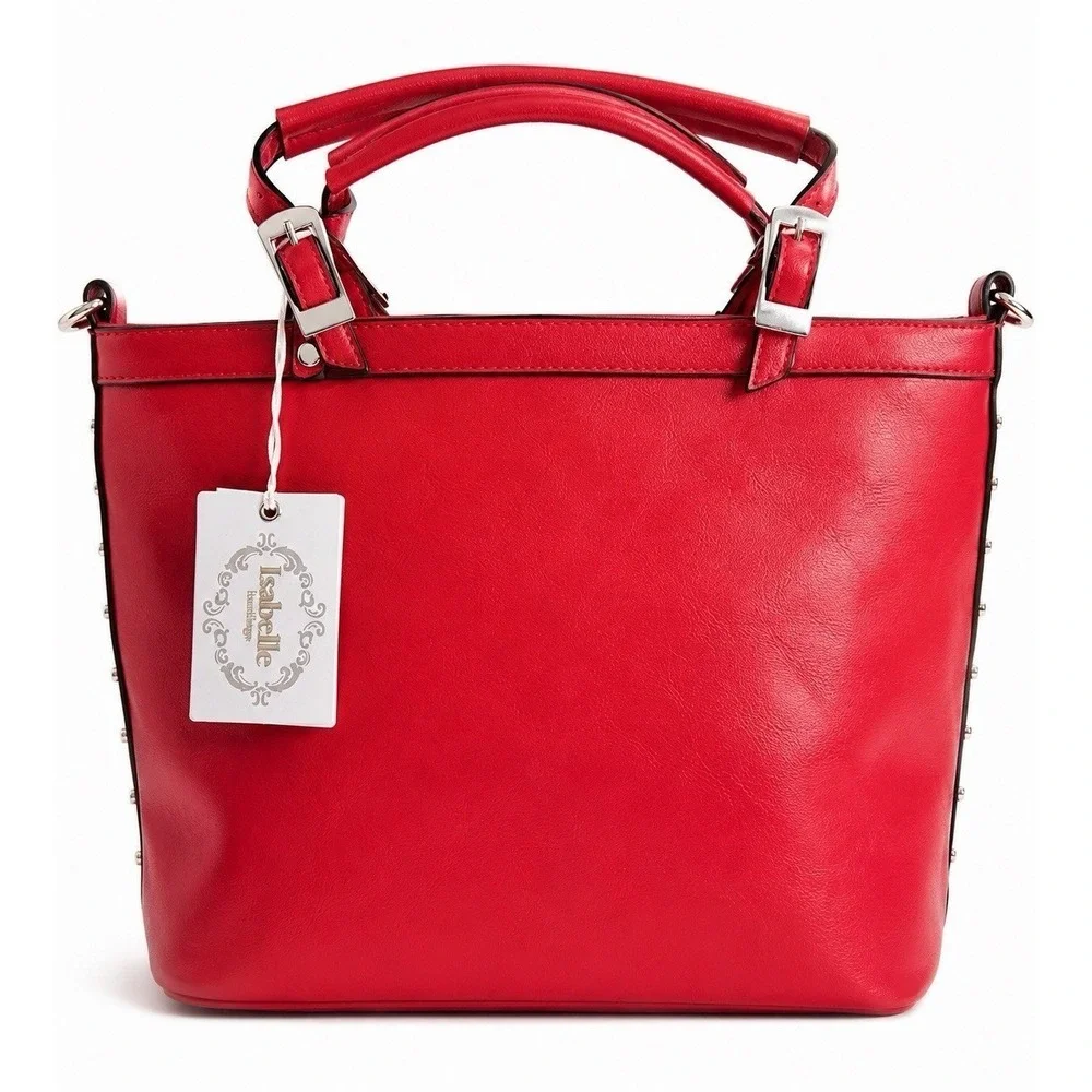 Isabelle Boutique Red Vegan Leather Studded Satchel‎ Handbag NWT Medium